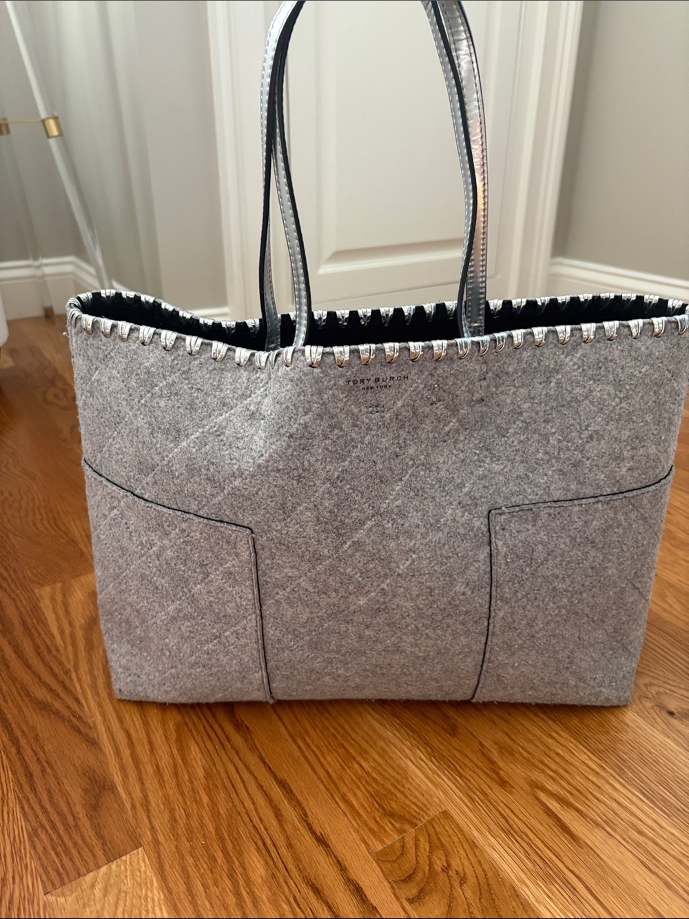 Tory Burch Light Gray Felt Tote with Contrast Trim